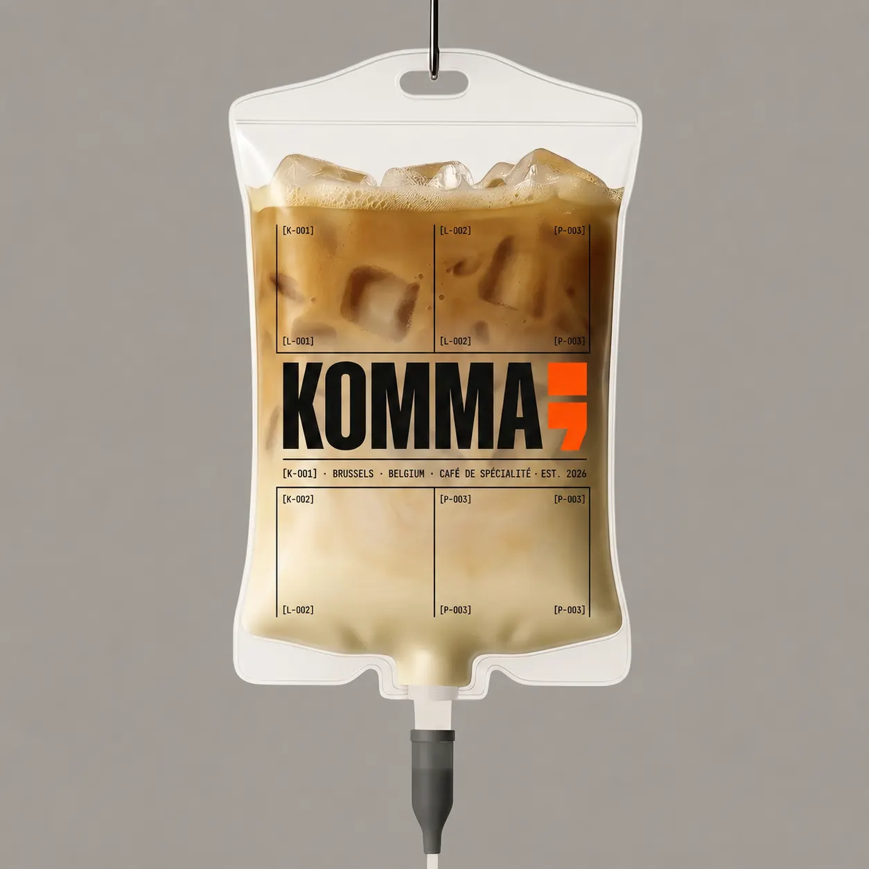Concept créatif KOMMA : une poche IV médicale remplie de café glacé, avec étiquette KOMMA système. Pièce de communication conceptuelle.